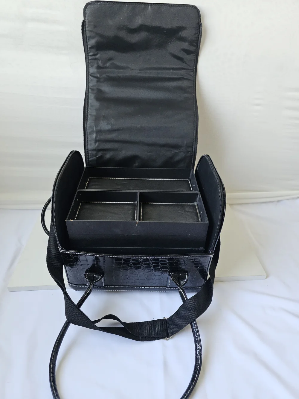 Black Faux Croc Cantilever Makeup Train Case Vintage Style Travel Vanity Bag